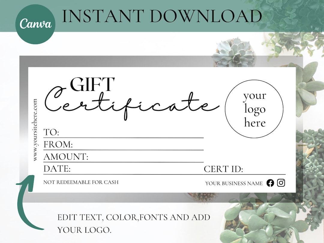 GIFT CERTIFICATE TEMPLATE Printable Canva Editable Gift Certificate Template With Logo Editable Gift Card Instant Download Gift Voucher Etsy