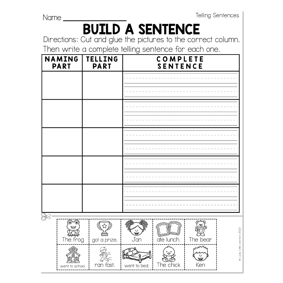 Grammar Worksheets Telling Sentences Build A Sentence Lucky Little Learners