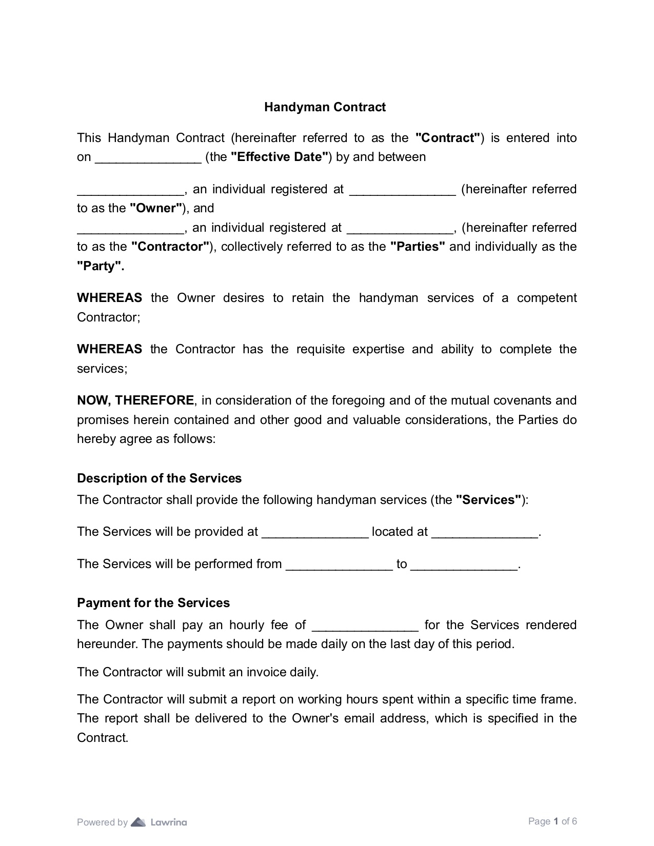 Free Printable Service Agreement Handyman