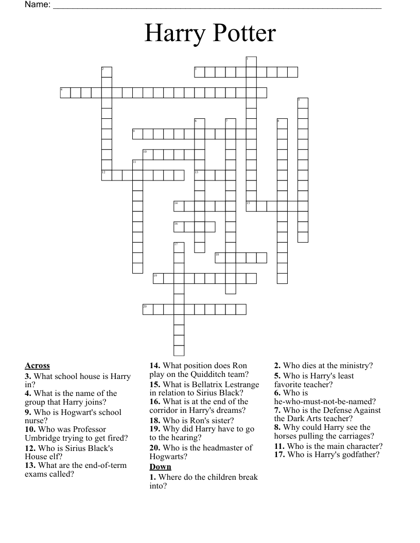 Crossword Puzzles Harry Potter Printable