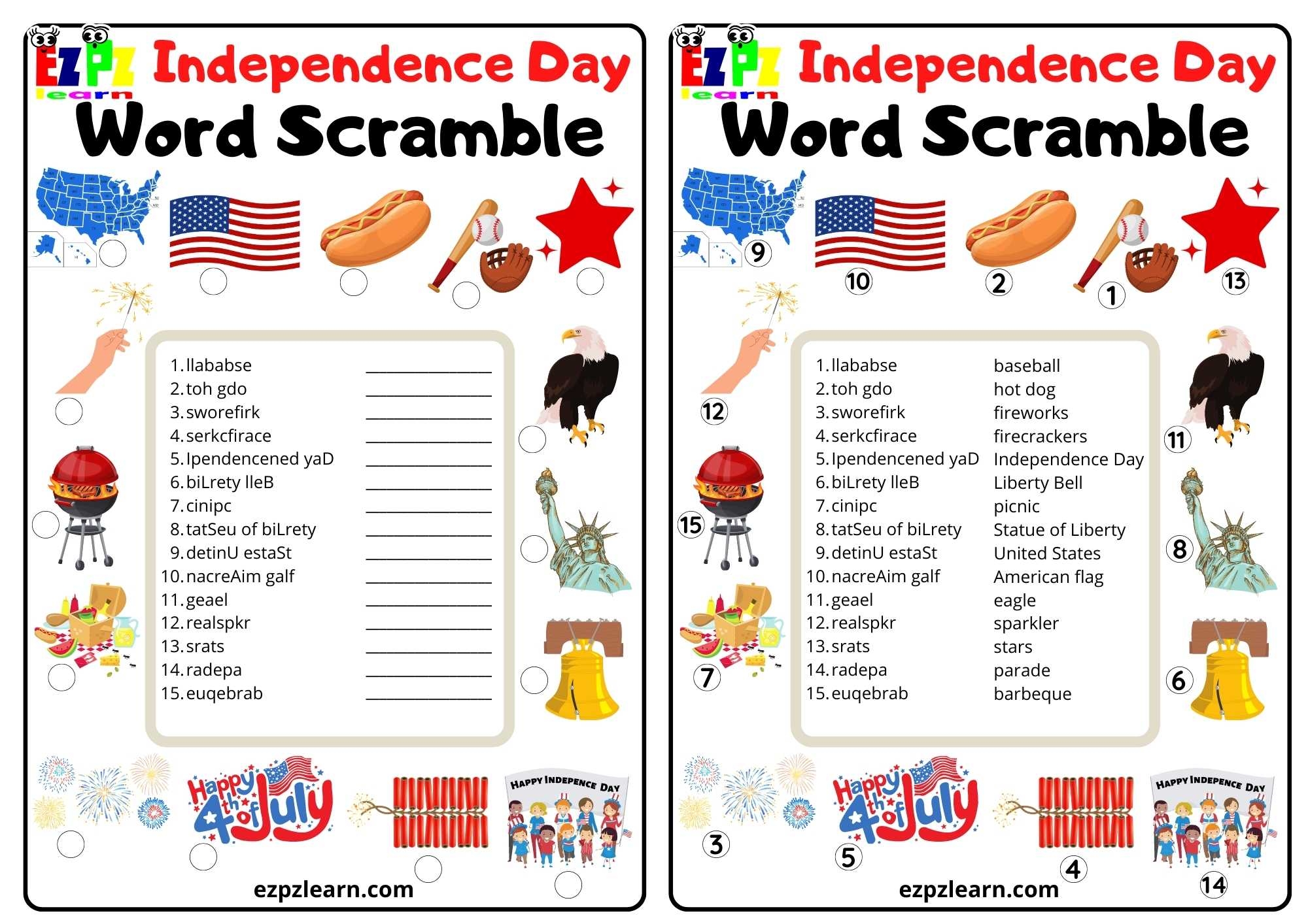 Independence Day Hard Word Scramble Ezpzlearn