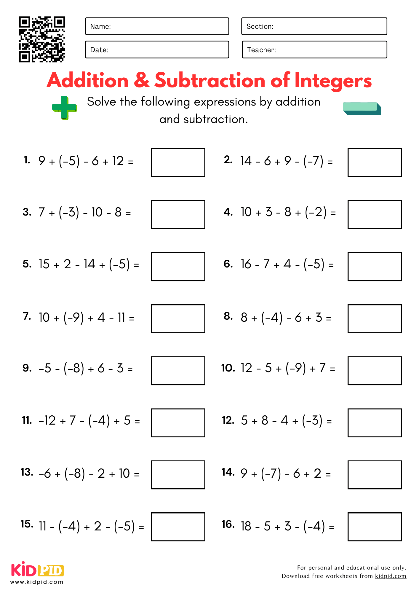 Math Book Printable Worksheets Integers Postive And Negative