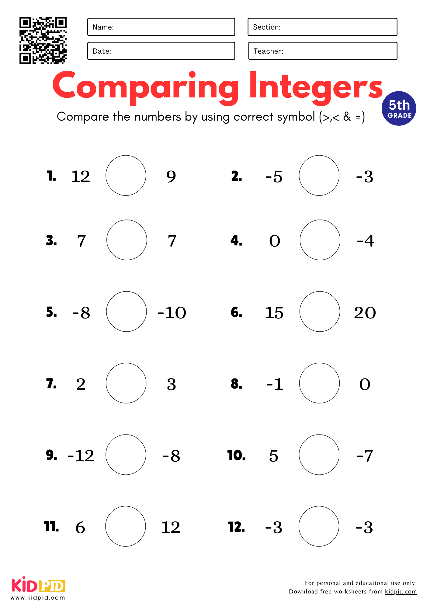 Integers Worksheet For Grade 5 Kidpid