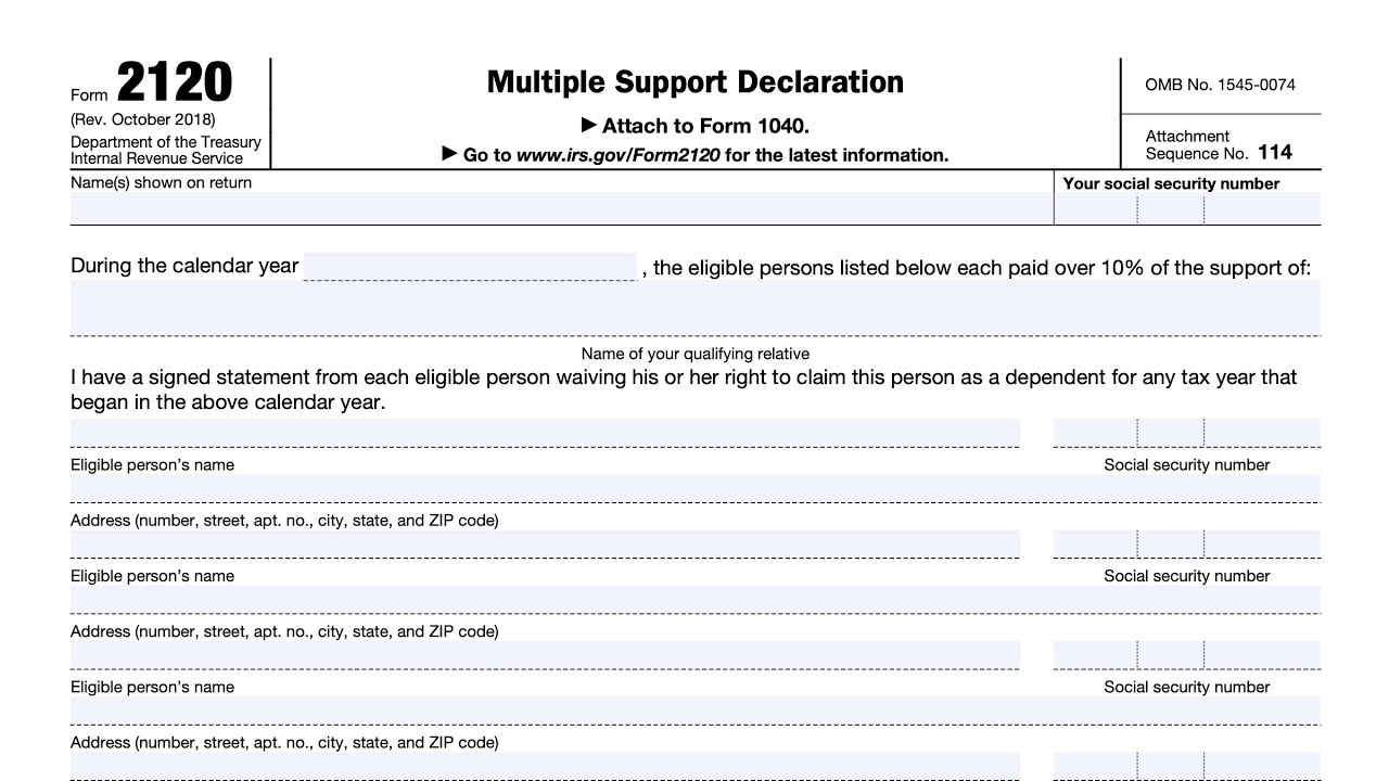 IRS Form 2120 Walkthrough Multiple Support Declaration YouTube