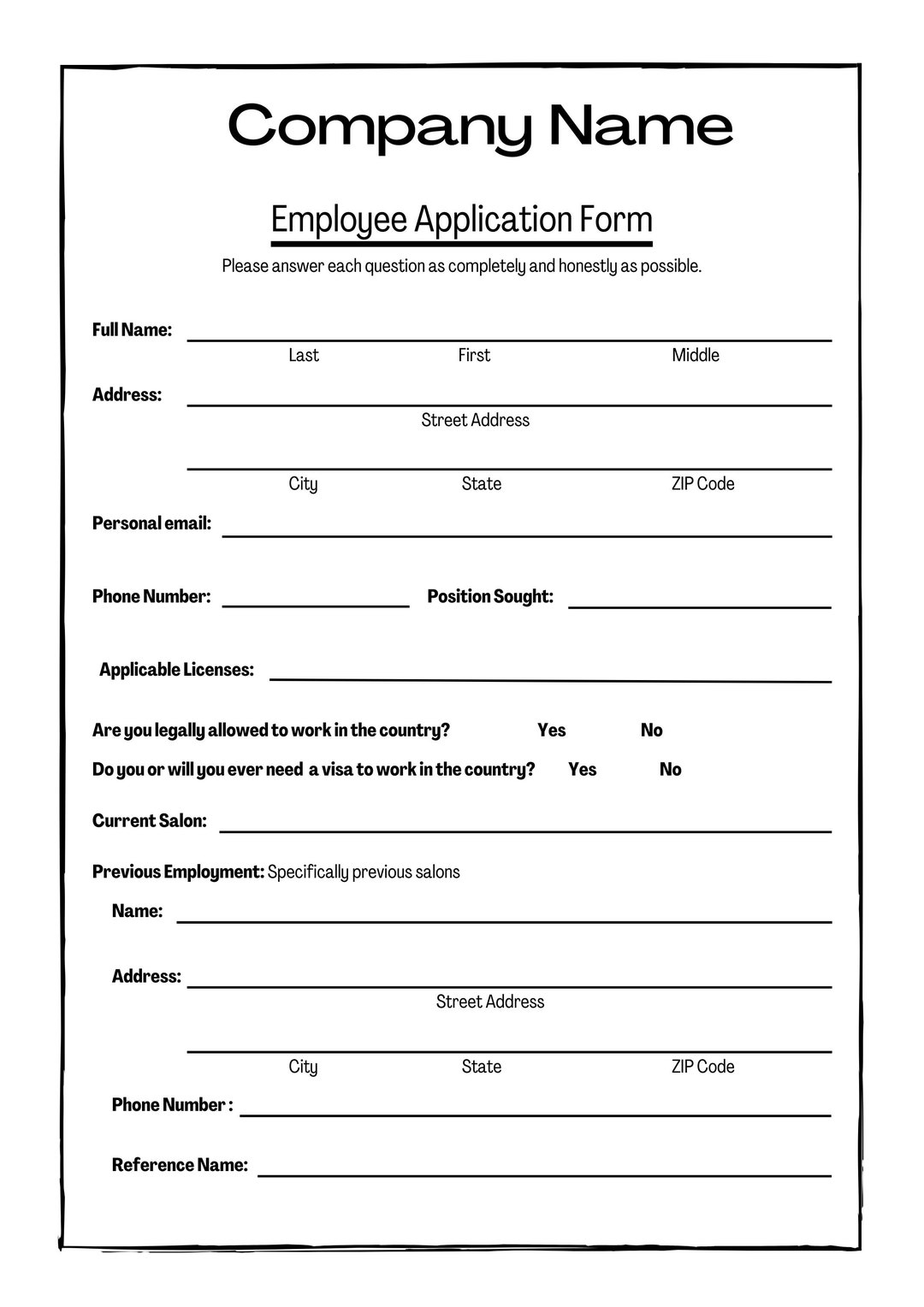 Job Application Form Etsy