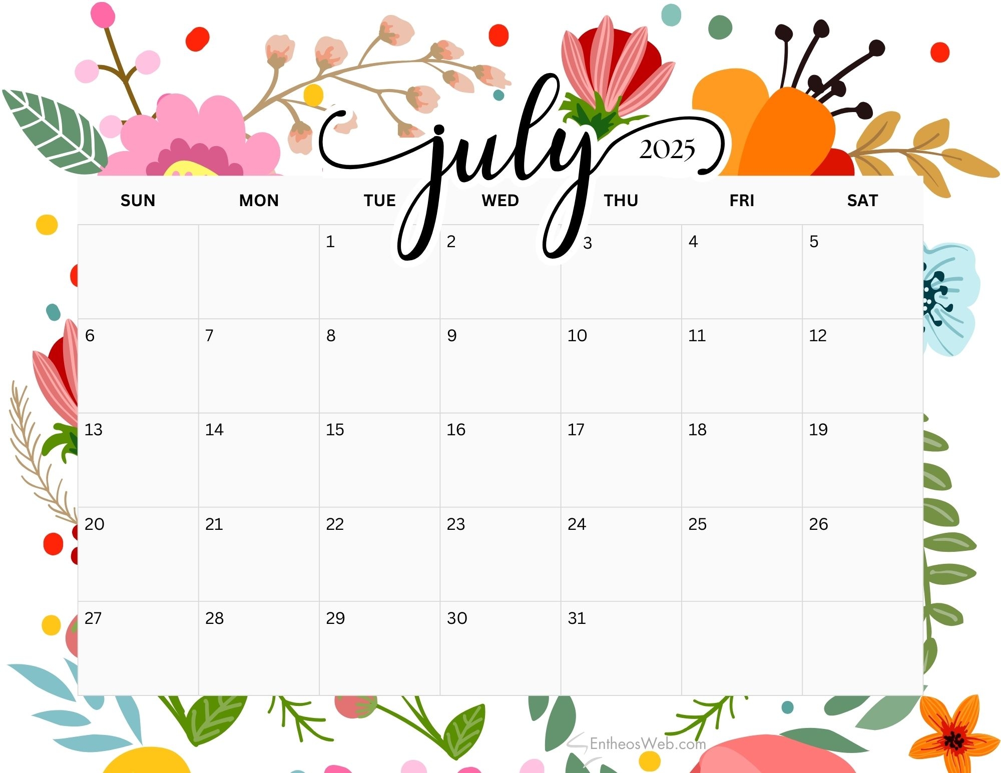 Printable Calendar Month July 2025