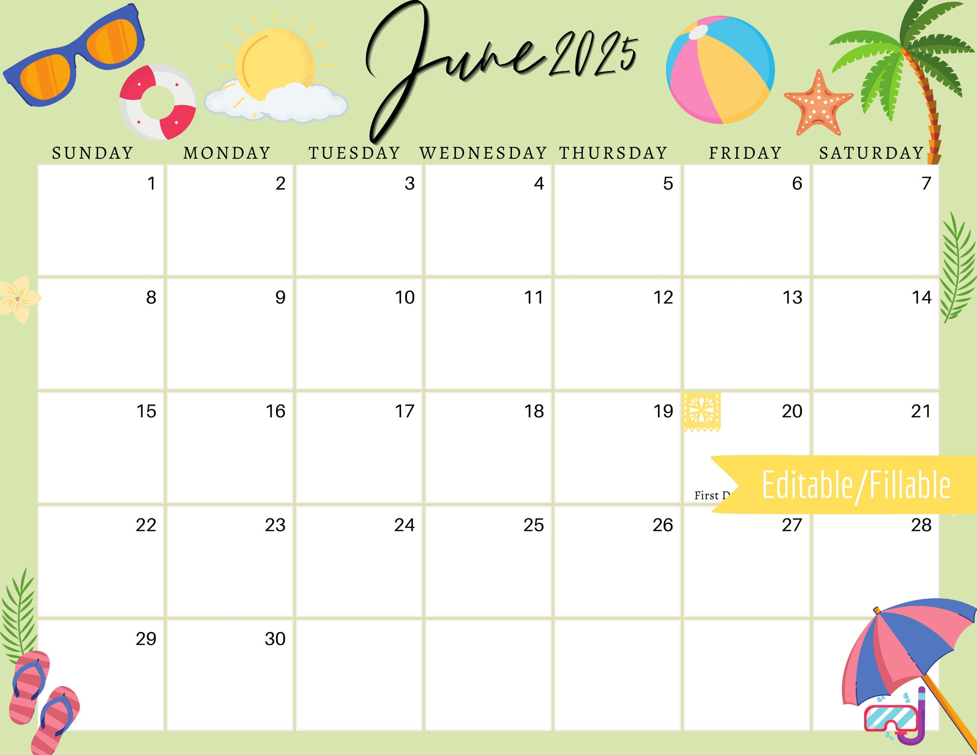 June 2025 Digital Calendar Light Green Summer Planner Editable Fillable Printable Calendar For Planning PDF PNG And JPG Download Etsy