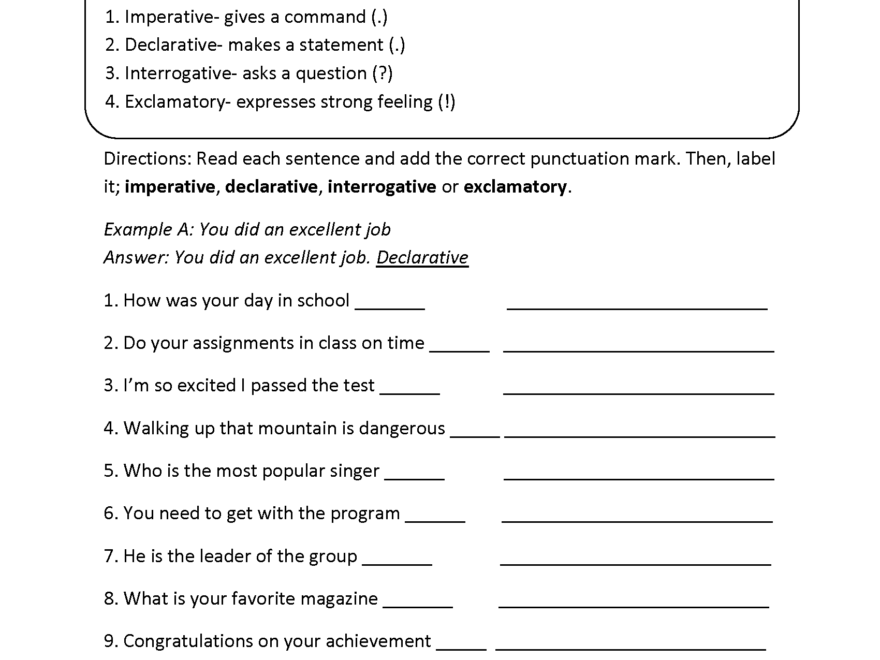Kinds Of Sentences Worksheets Practicing Four Kinds Of Sentences Worksheet
