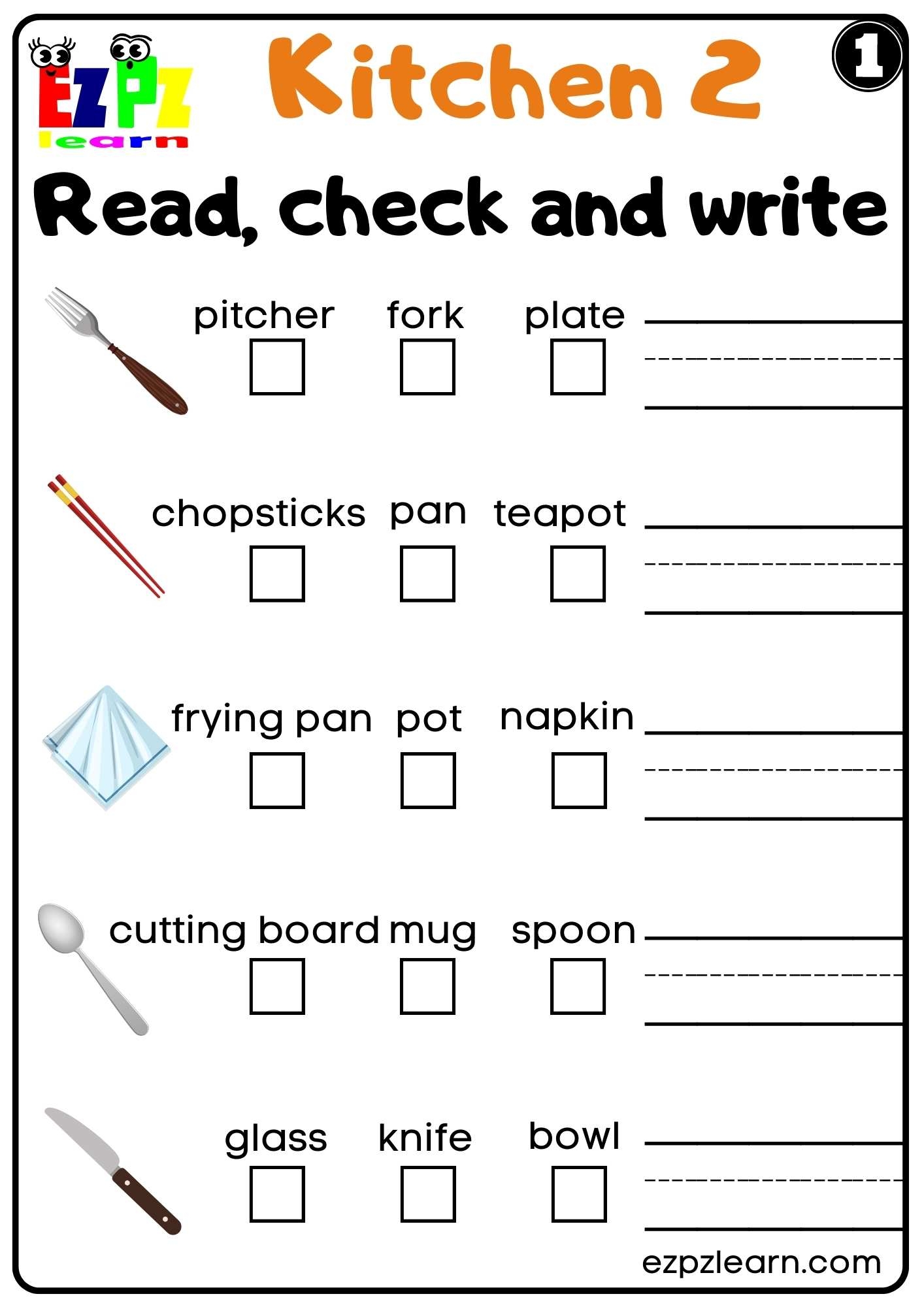 Kitchen Utensils Read Check And Write Worksheet For ESL And Homeschool Students PDF Download Set1 Ezpzlearn