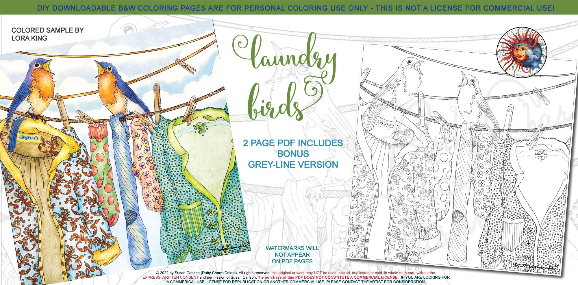 Laundry Birds Downloadable 2 page PDF Print Color Adult Colouring Bird Birdy Clothesline Clothes Clothing Etsy Israel