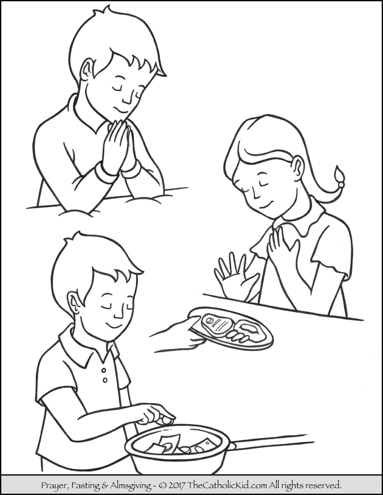 Lent Children Pray Fast Almsgiving Coloring Page 