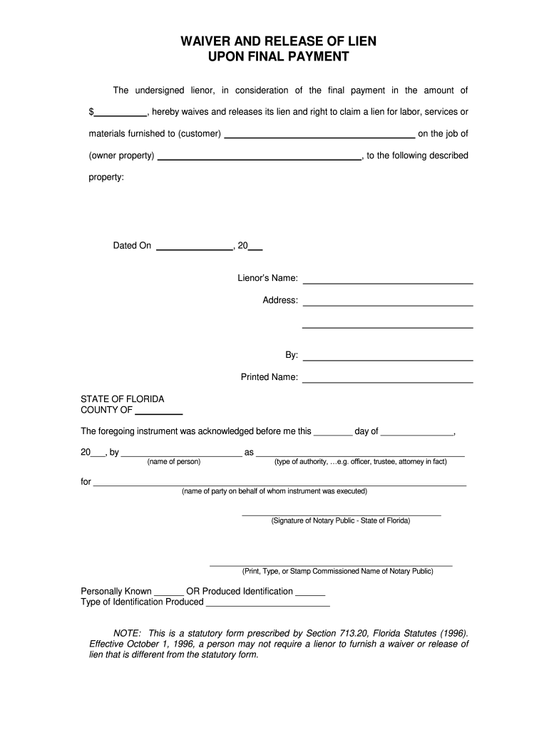 Lien Waiver Release Form Fill Online Printable Fillable Blank PdfFiller
