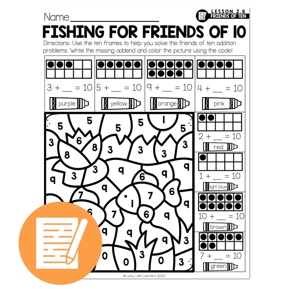 Lucky To Learn Math 1st Grade Lesson 2 6 Friends Of Ten Independent Practice Fishing For Friends Of 10 Lucky Little Learners