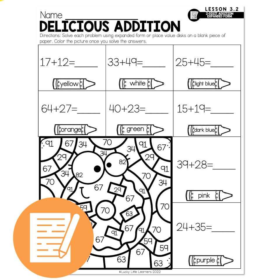 Lucky To Learn Math 2 Digit Addition With Expanded Form Lesson 3 2 Independent Practice Delicious Addition Lucky Little Learners