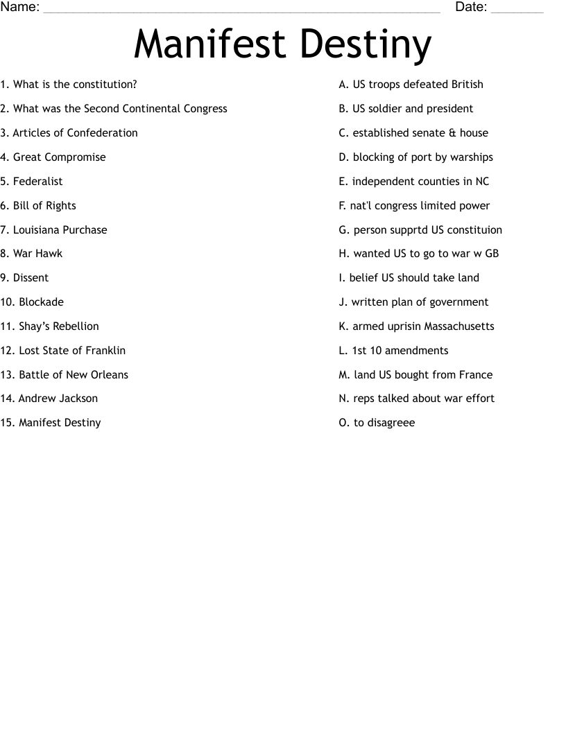 Manifest Destiny Worksheet WordMint