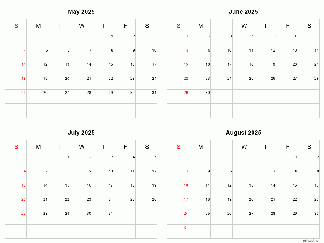 Free Printable 4 Month Calendar 2025