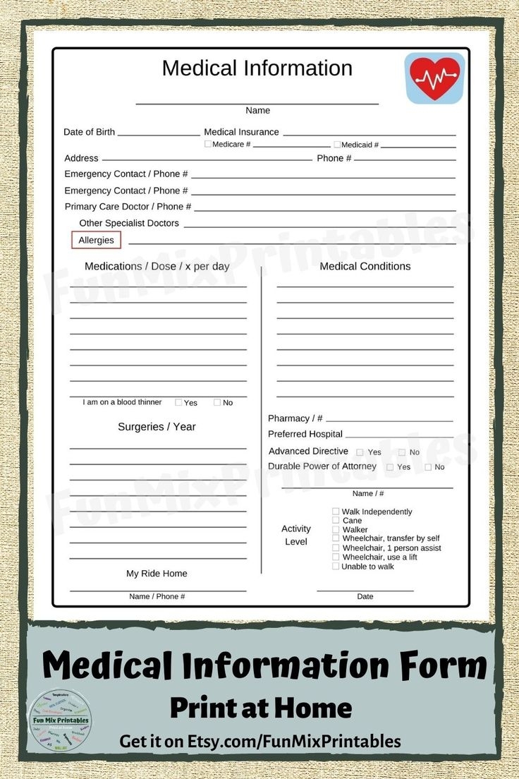 Medical Information Form Emergency Medical Form Printable