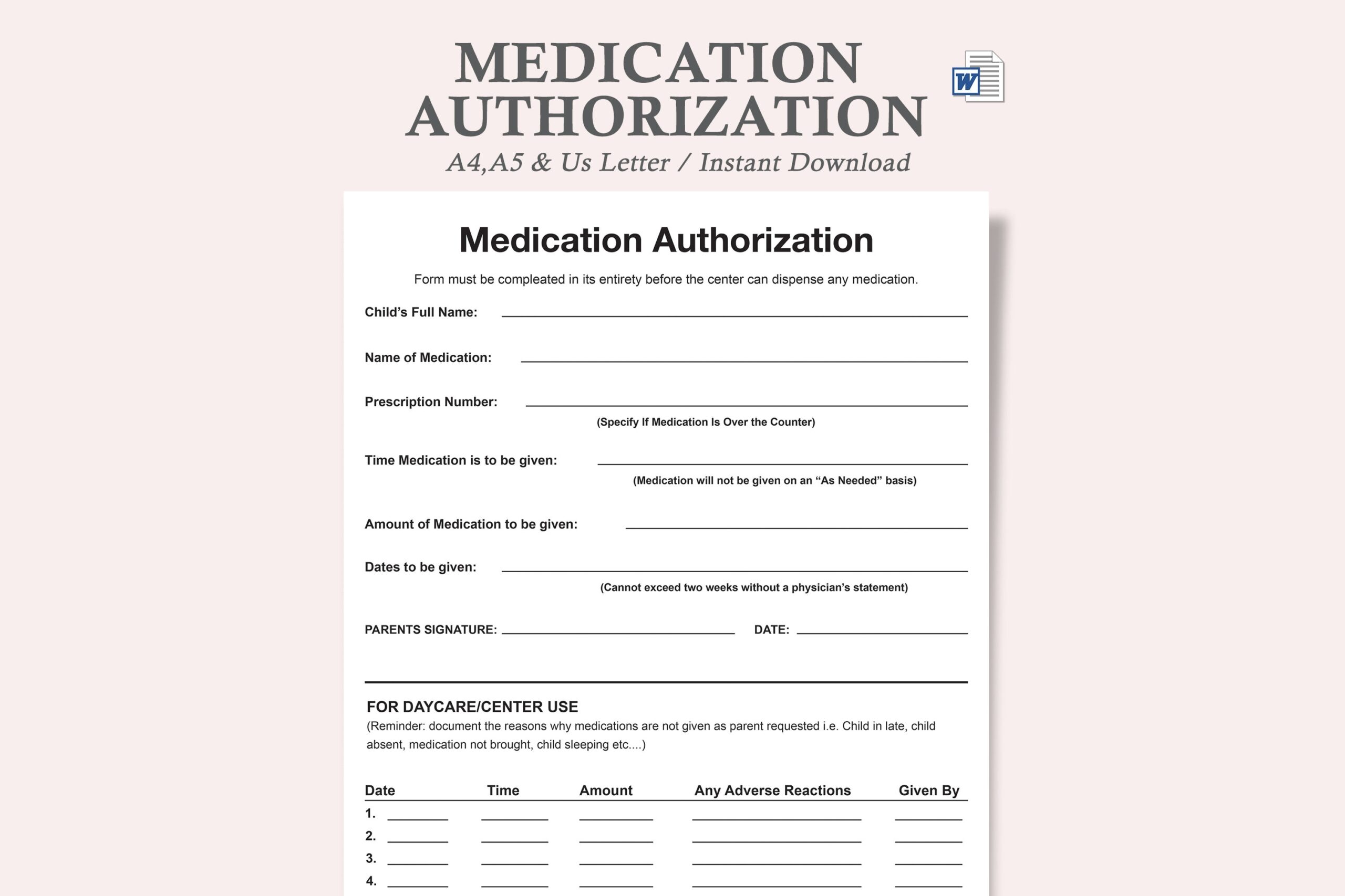 Medication Authorization Form Daycare medication Form For Daycare medication Administration Form Daycare Etsy