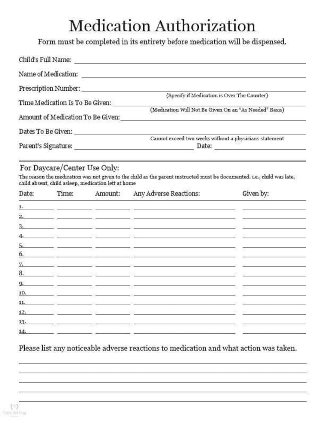 Medication Authorization Form Instant Digital Download Etsy