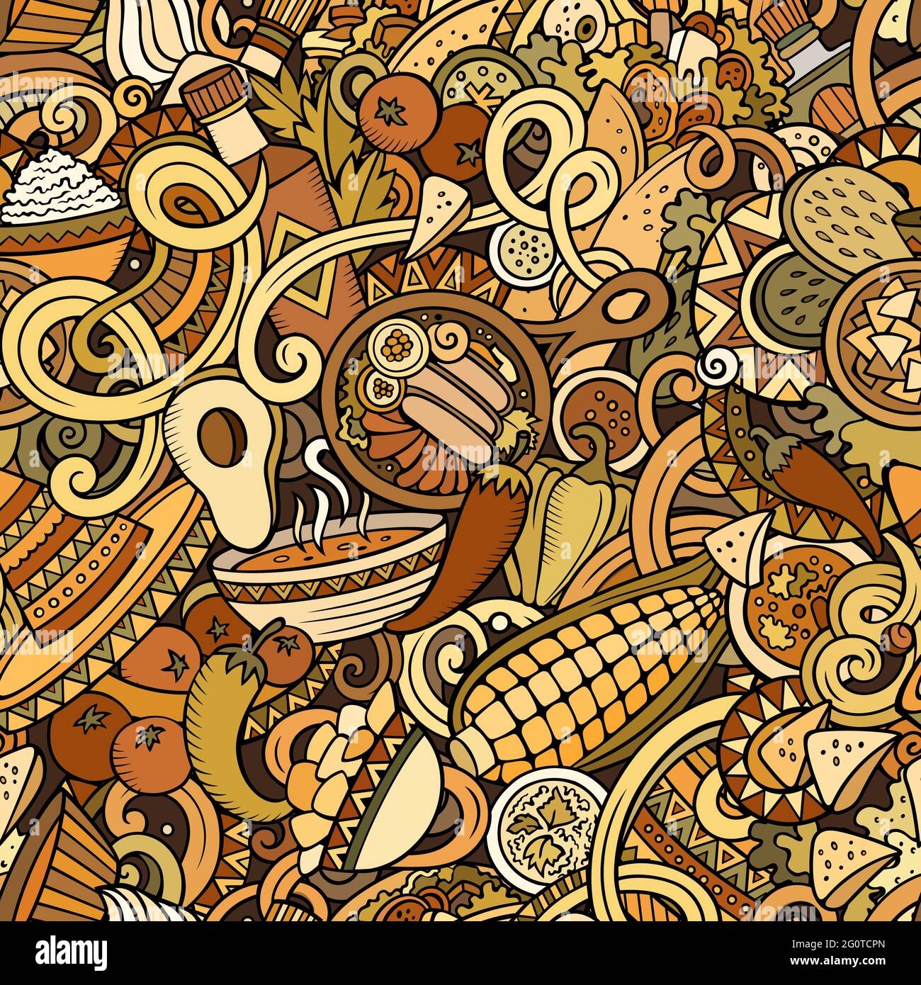 Mexican Food Hand Drawn Doodles Seamless Pattern Ethnic Cuisine Background Cartoon Ethnicity Fabric Print Design Colorful Vector Illustration Stock Vector Image Art Alamy