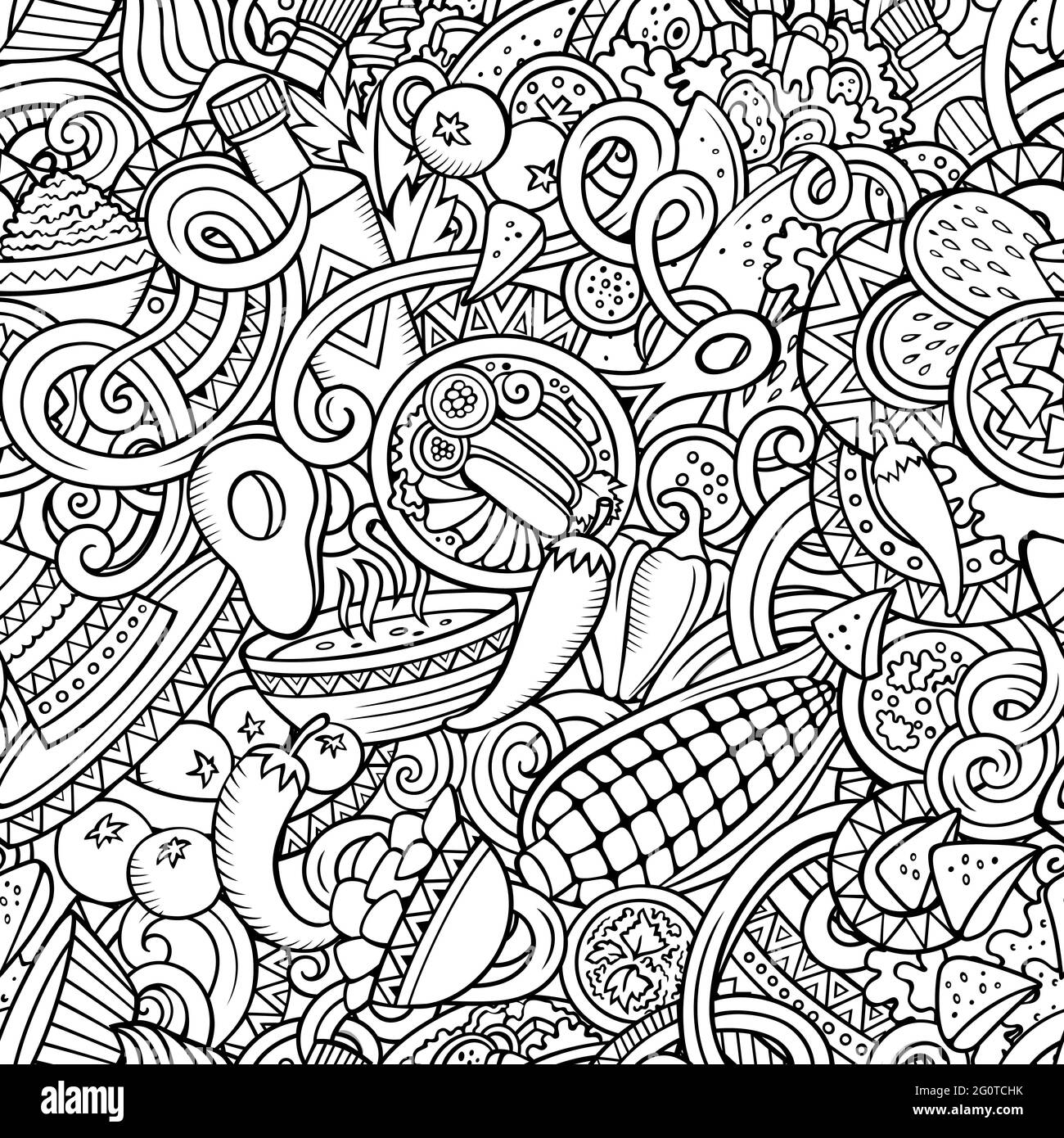 Mexican Food Hand Drawn Doodles Seamless Pattern Ethnic Cuisine Background Cartoon Ethnicity Fabric Print Design Sketchy Vector Illustration Stock Vector Image Art Alamy