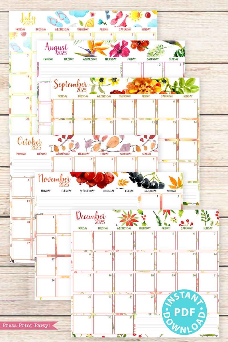 Monday Start 2025 Calendar Printable Set For Bullet Journals Or Binders Watercolor for Bullet Journals Or Binders 