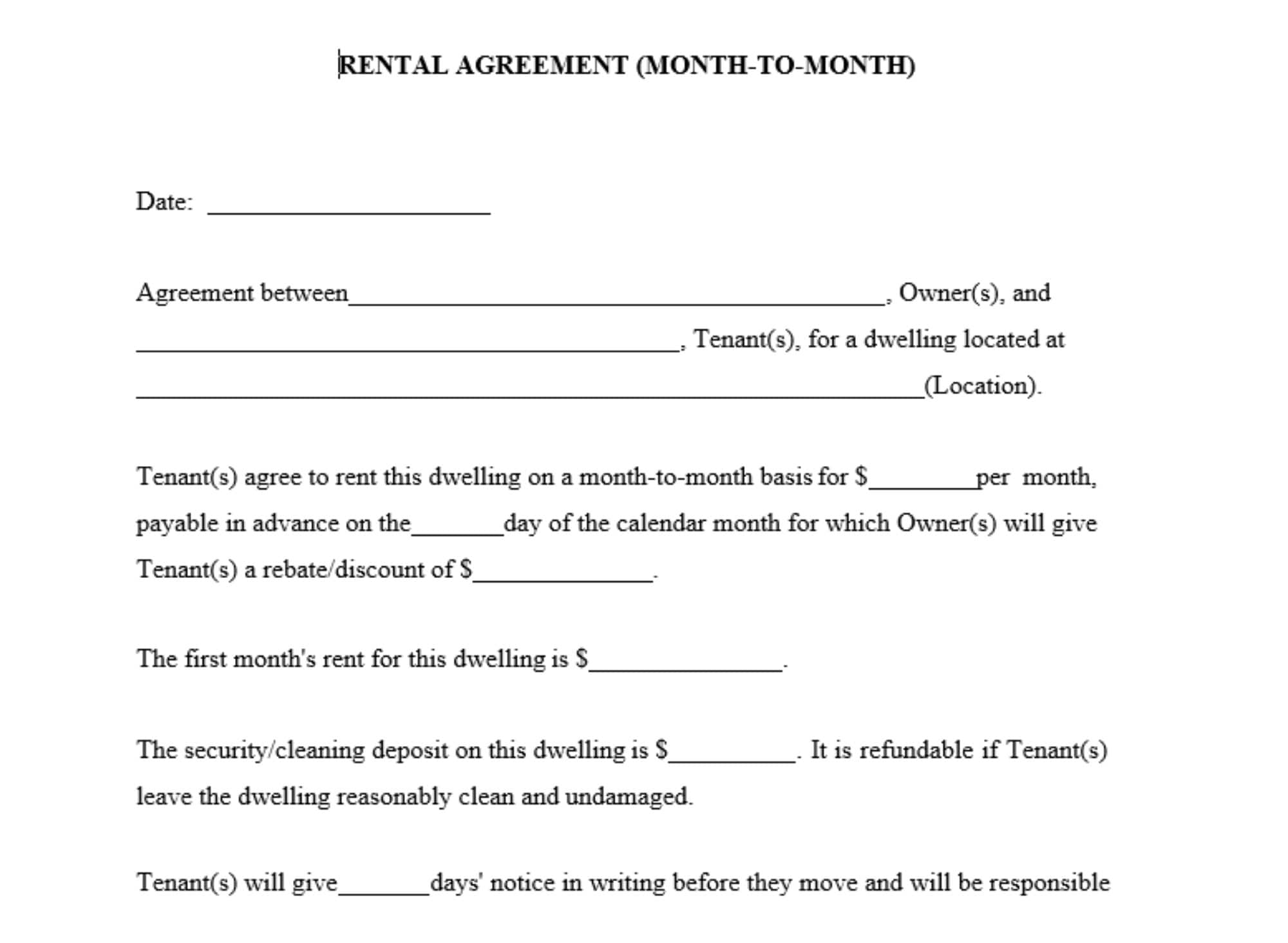 MONTH TO MONTH Rental Agreement Editable Rental Agreement Simple Lease Contract Rental Forms Landlord Forms Rental Contract Etsy