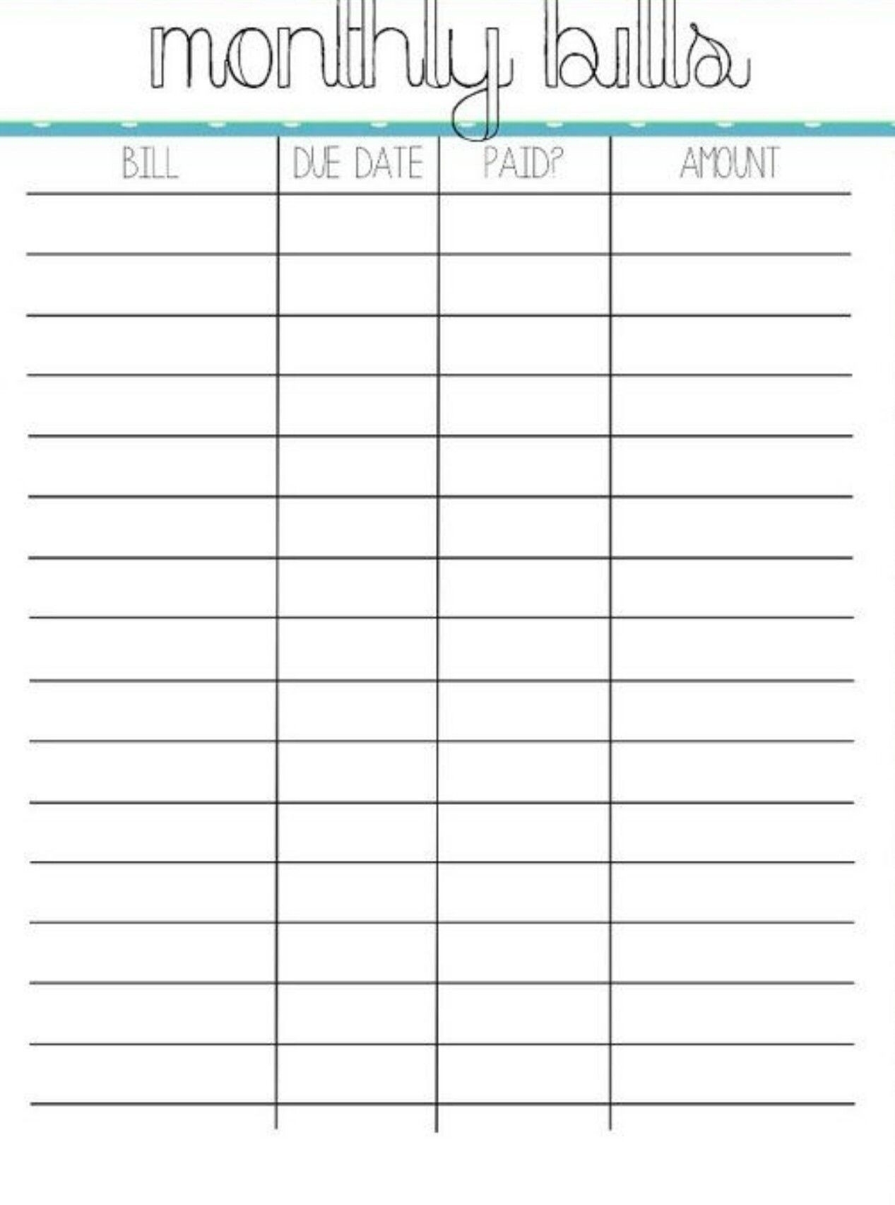 Monthly Bills Printable Worksheet