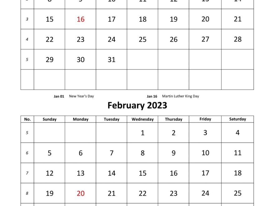 Monthly Calendar 2023 2 Months Per Page vertical Free calendar template
