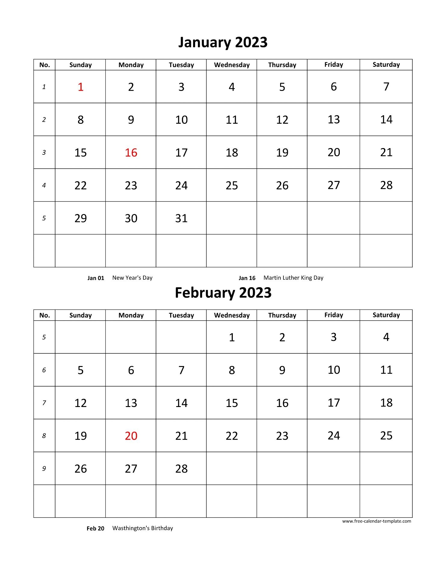 Monthly Calendar 2023 2 Months Per Page vertical Free calendar template 