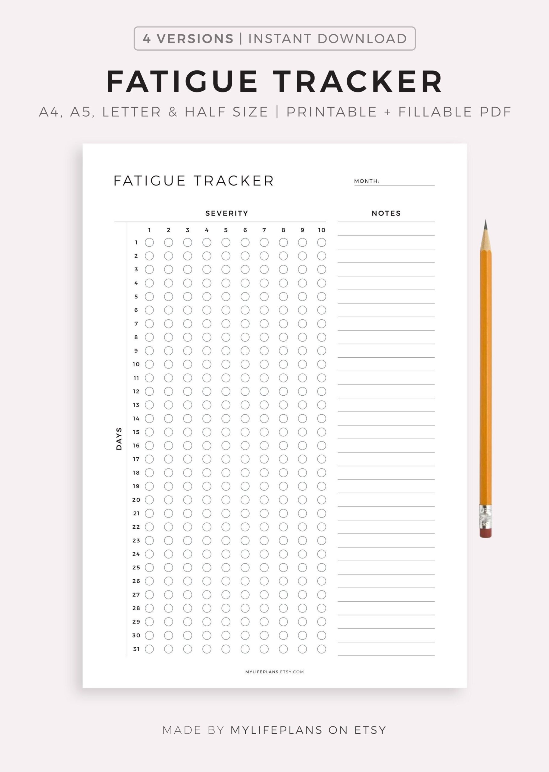 Monthly Fatigue Tracker Printable Template Track Daily Fatigue Severity Health Tracker A4 a5 letter half Size Instant Download PDF Etsy