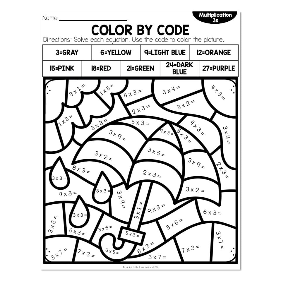 Multiplication By 3 Spring Color By Code Rain And Umbrella Lucky Little Learners