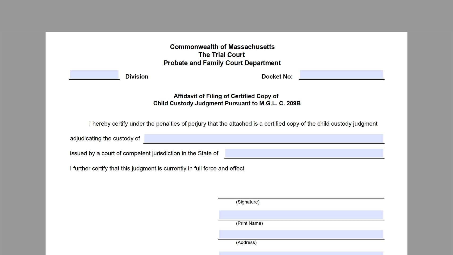 New Form Affidavit Of Filing Certified Copy Of Child Custody Judgment C 209B