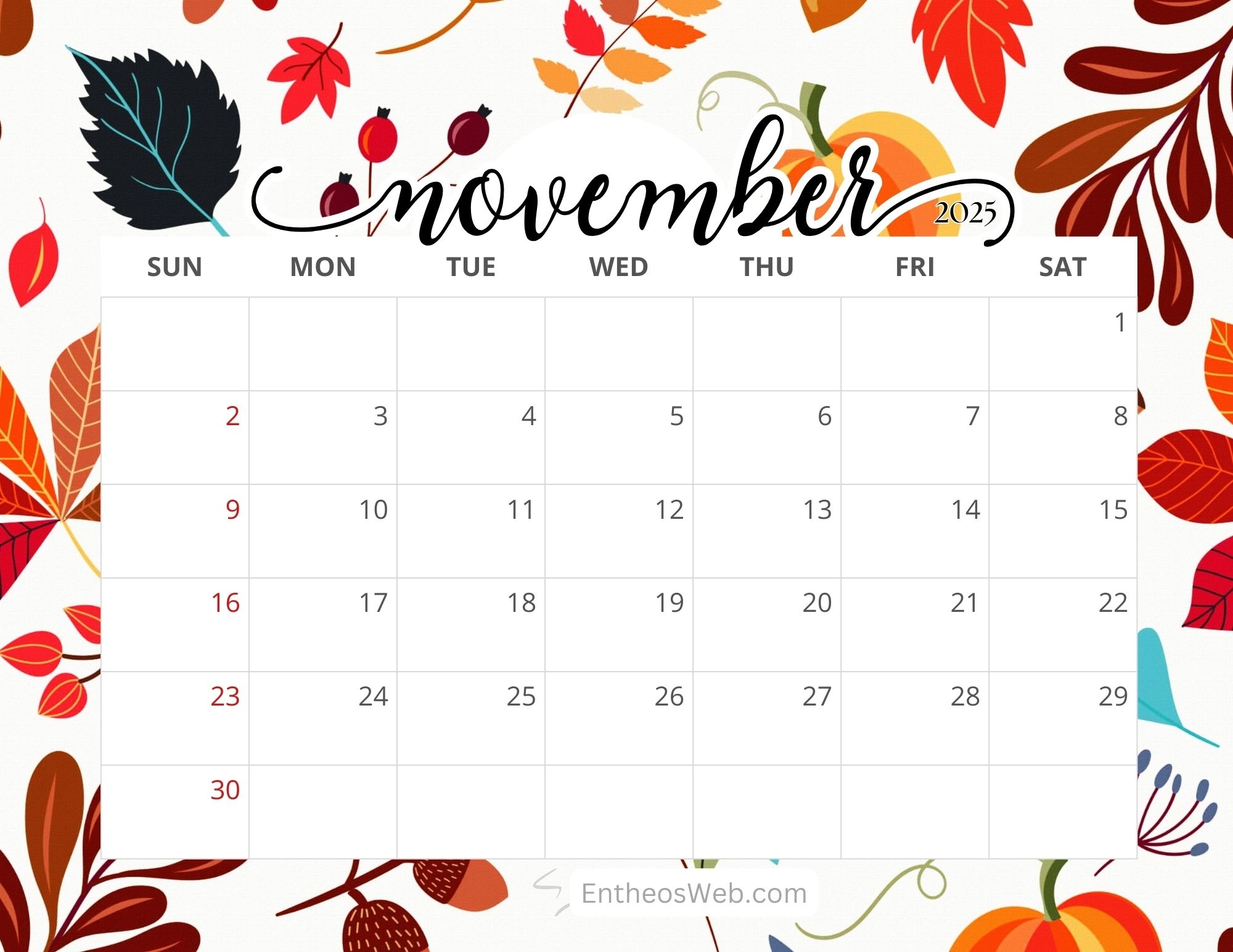 November 2025 Calendar Printables EntheosWeb