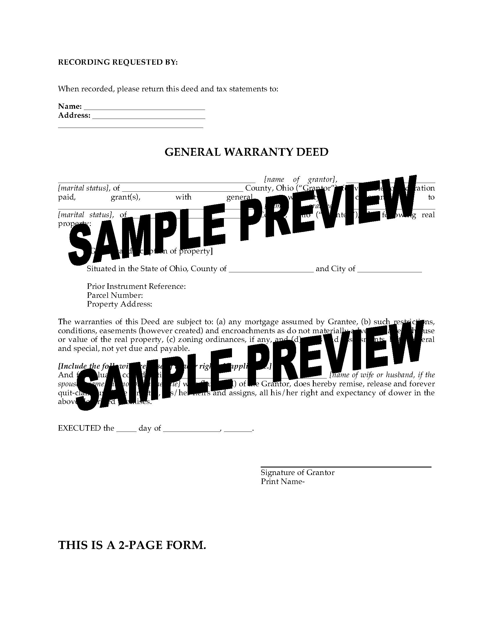 Ohio Warranty Deed Life Estate Printable Form