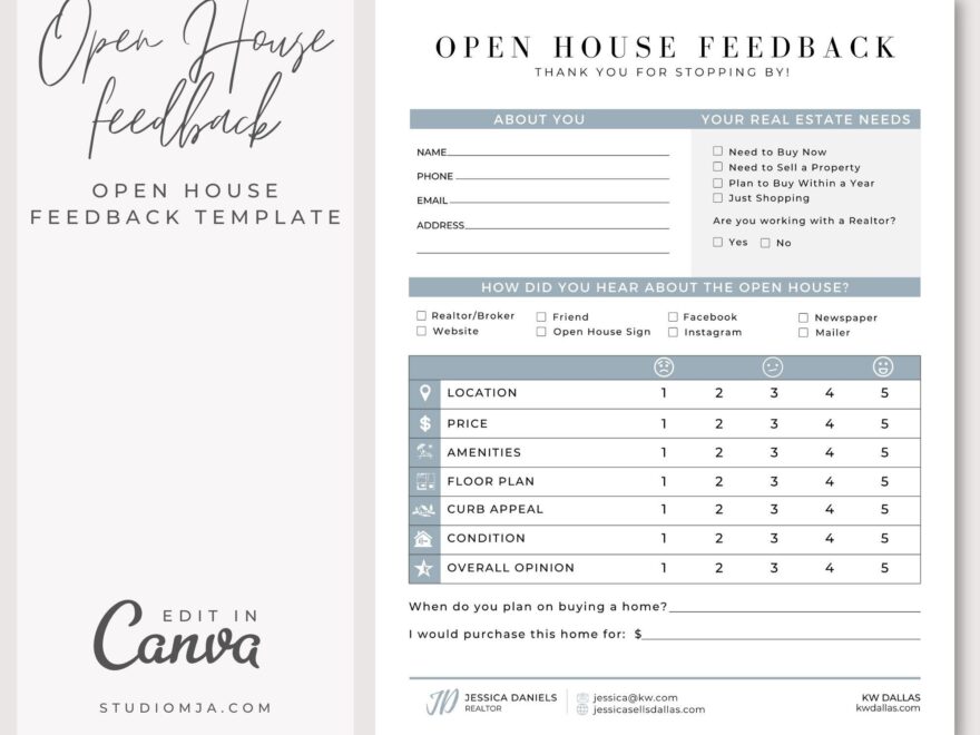 Open House Feedback Form Open House Signin Canva Template Realtor Download Template Etsy