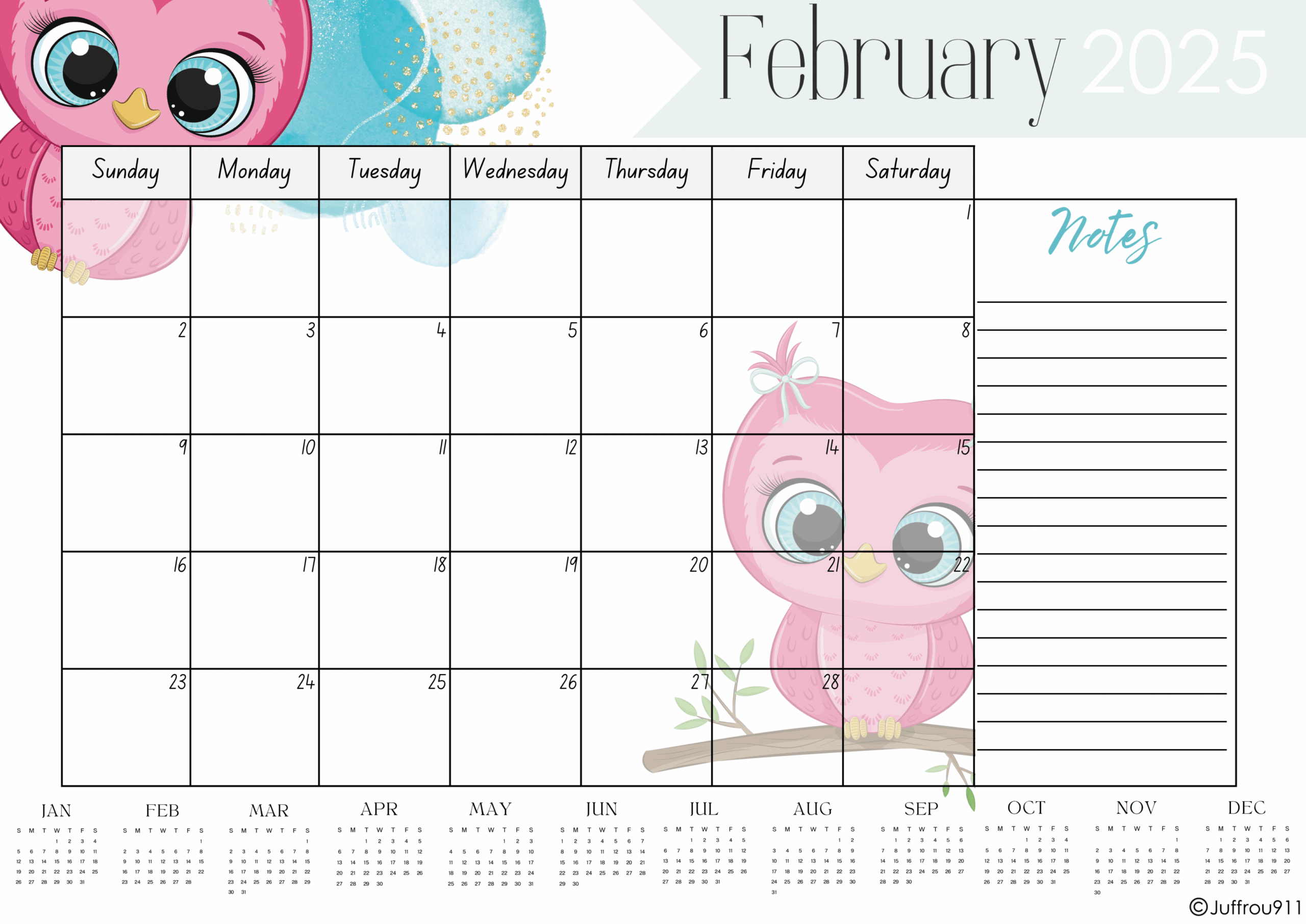 Owl Desk Calendar A3 2025 Juffrou 911