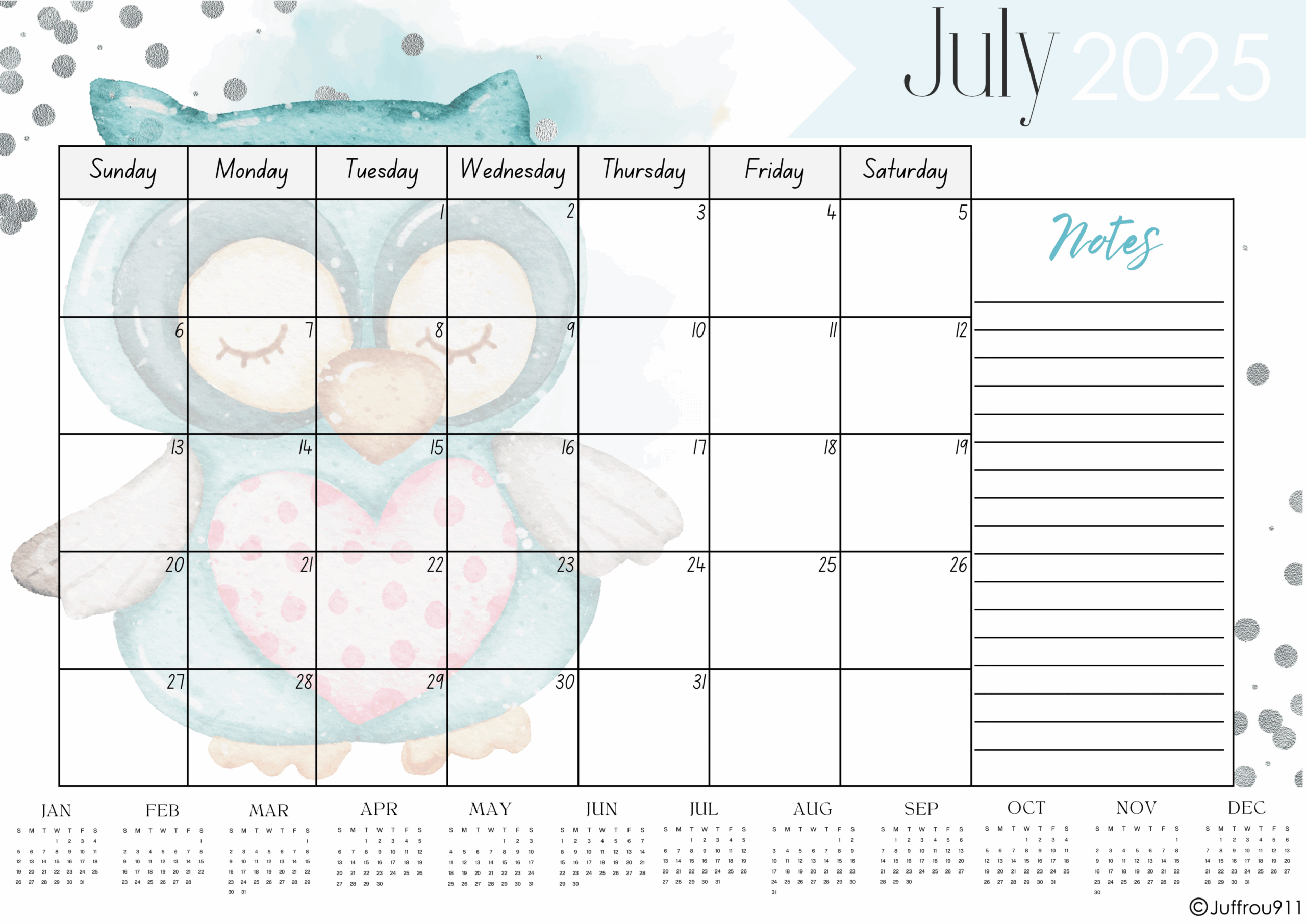 Owl Desk Calendar A3 2025 Juffrou 911