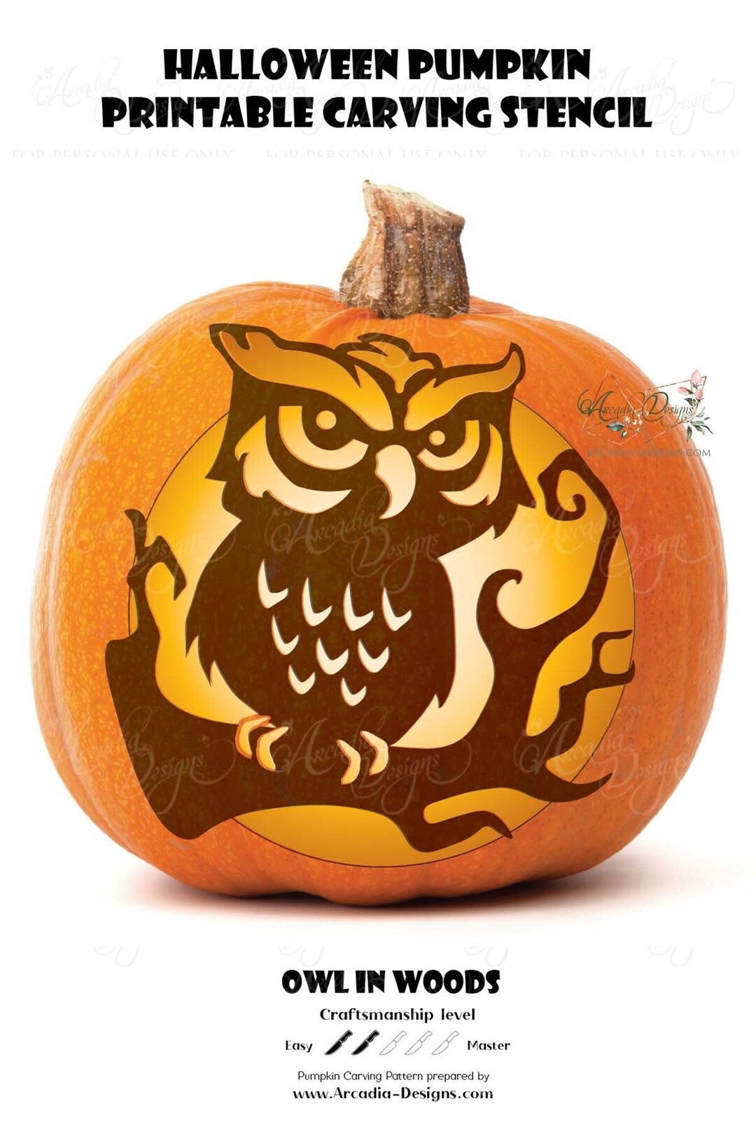 Owl In The Woods Printable Halloween Pumpkin Carving Pattern Stencil Instant Download PDF DIY Pumpkin Lantern Owl On Tree Carving Template Etsy