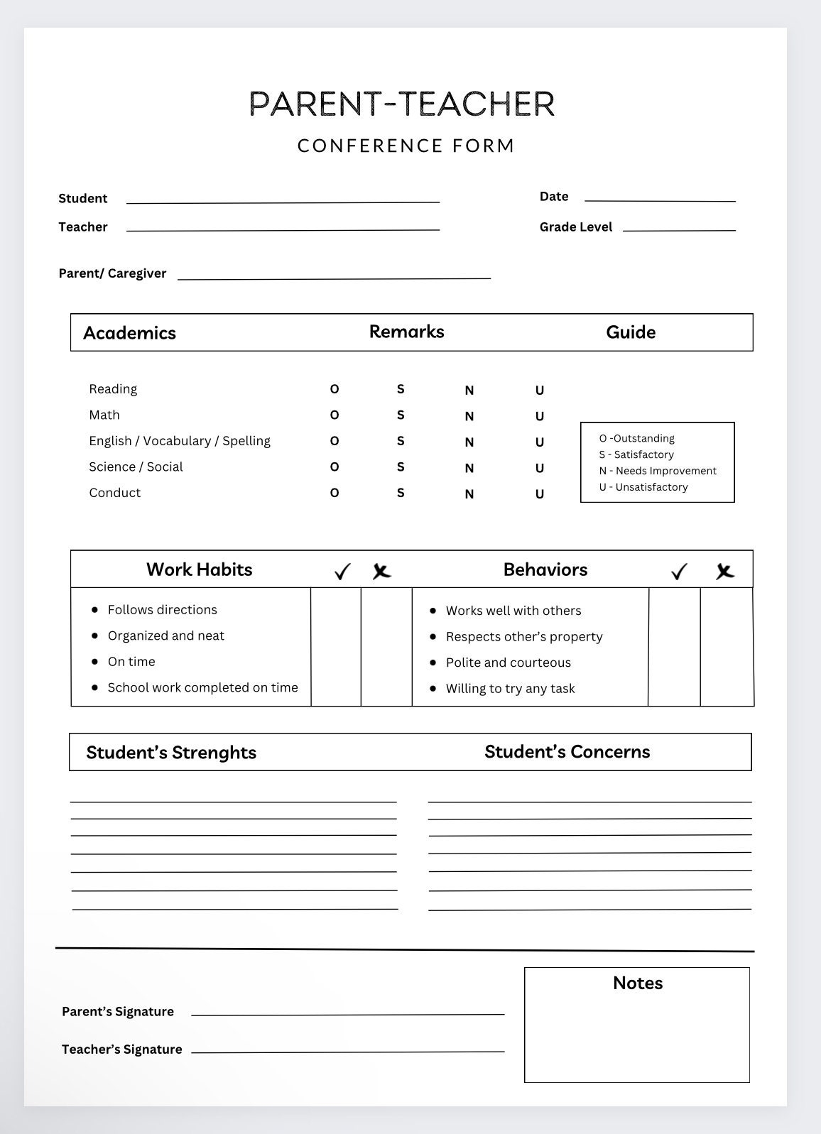Parent Teacher Conference Form Printable