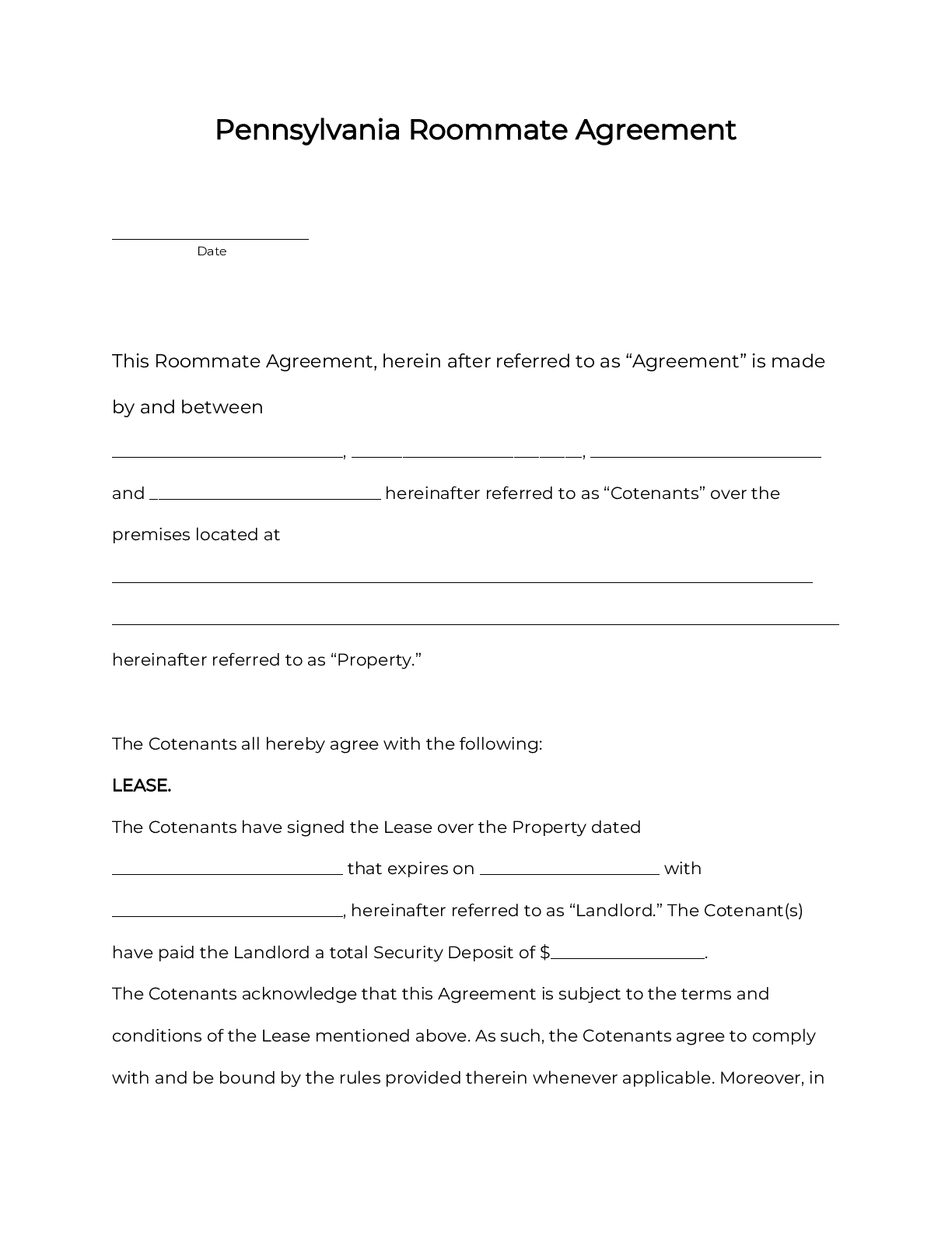 Pennsylvania Rental Lease Agreement Template 2025 PDF DOC