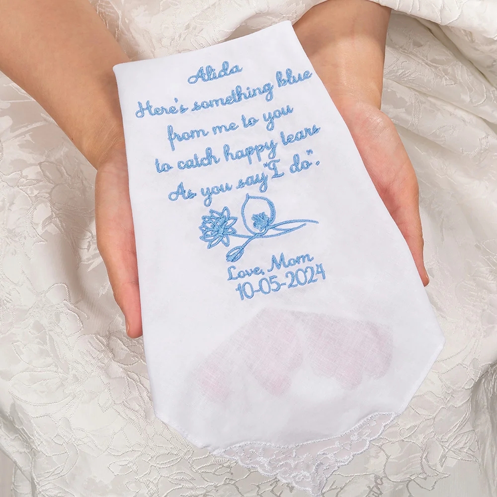 Personalized Embroidered Birth Flower Cotton Wedding Lace Handkerchief With Name And Date Something Blue For Bride Wedding Gift From Mom To Daughter GetNameNecklace