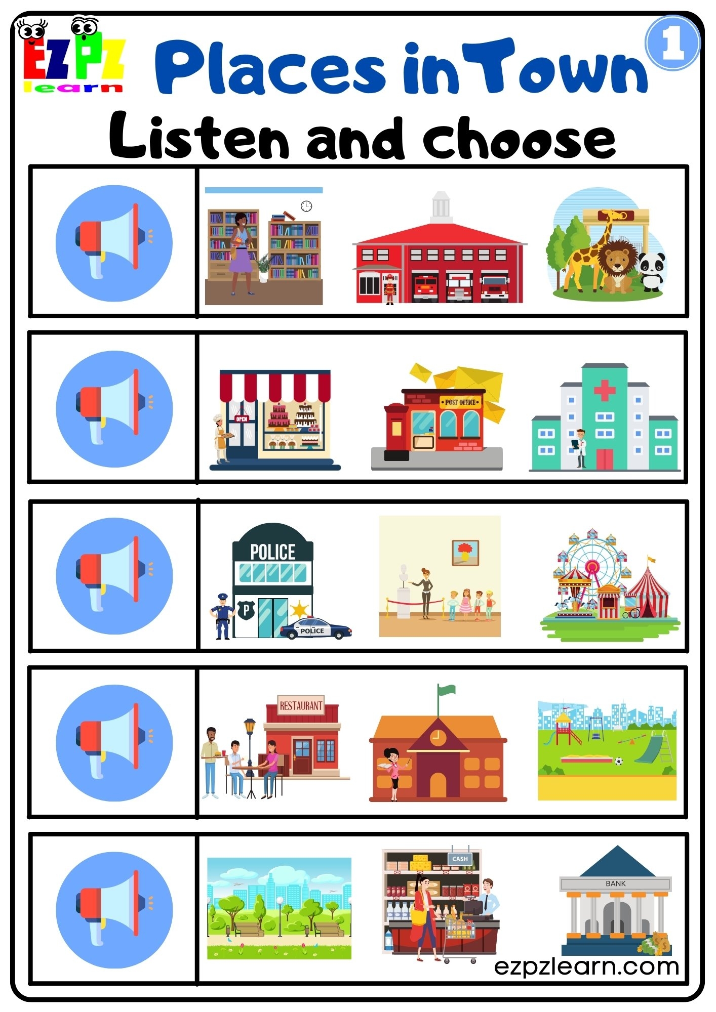 Places In The City Vocabulary Interactive Worksheet Listen And Choose The Correct Images Activity For Home Schooling Kindergarten And ESL G1 Ezpzlearn