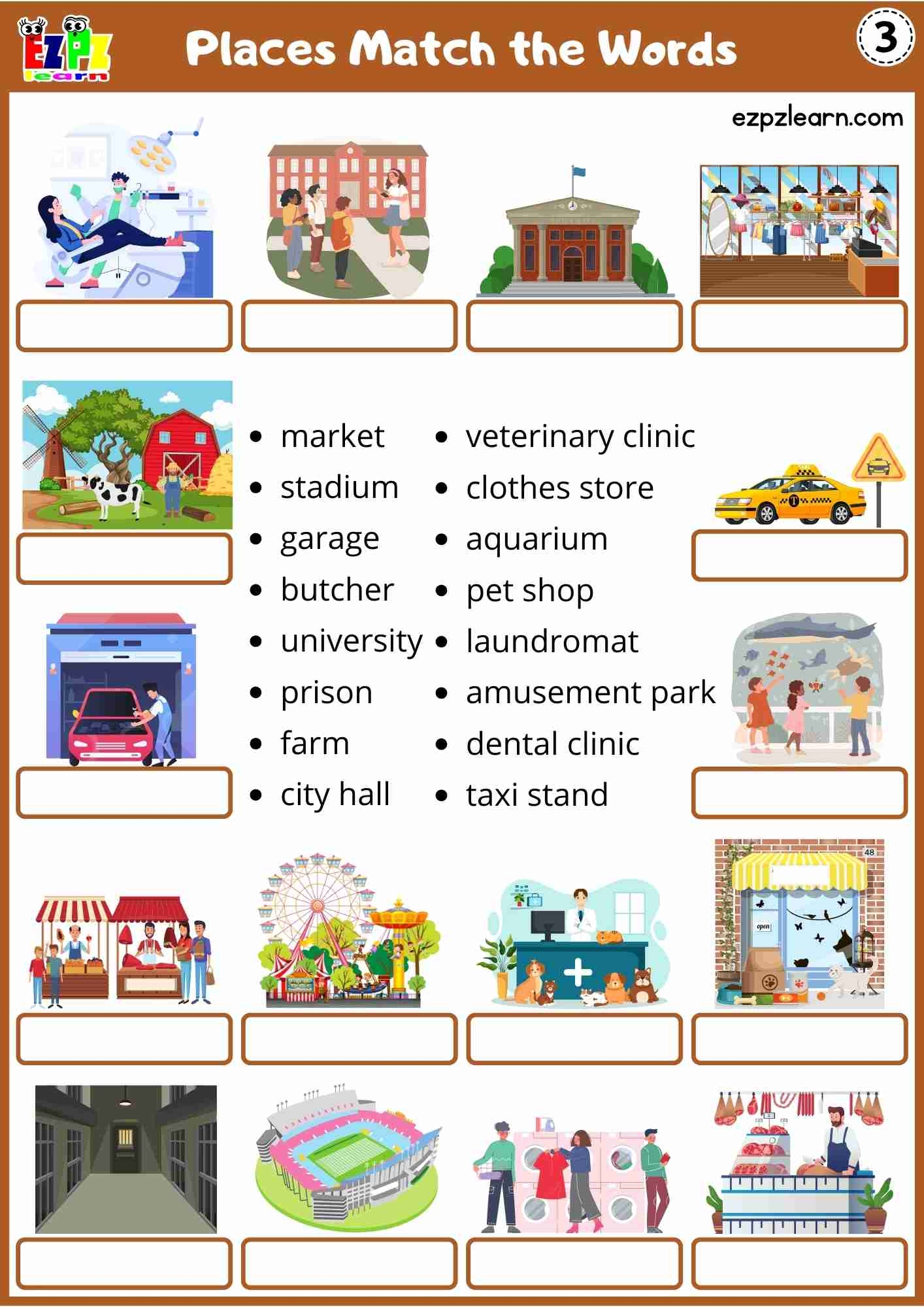 Places In The City Write The Correct Word Under The Picture Free PDF For Primary Students English Language Learners 3 4 Ezpzlearn