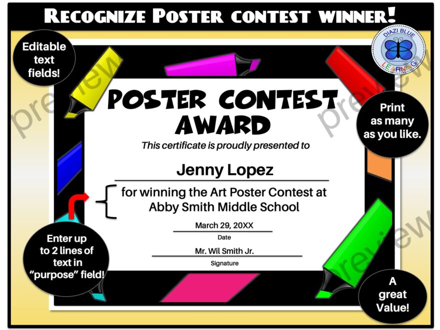Poster Contest Award Editable Poster Contest Certificate PDF Poster Contest Winner Award School Community Certificates Instant Download Etsy New Zealand