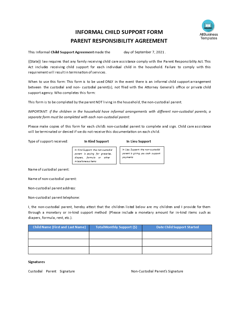 Prima Informal Child Support Agreement