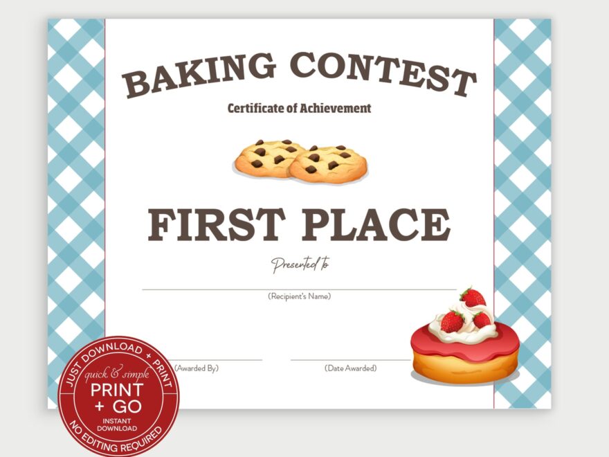 Printable Baking Contest Award Winner Certificate First Place Winner Award Dessert Competition NO EDITING Required Just Download Print Etsy