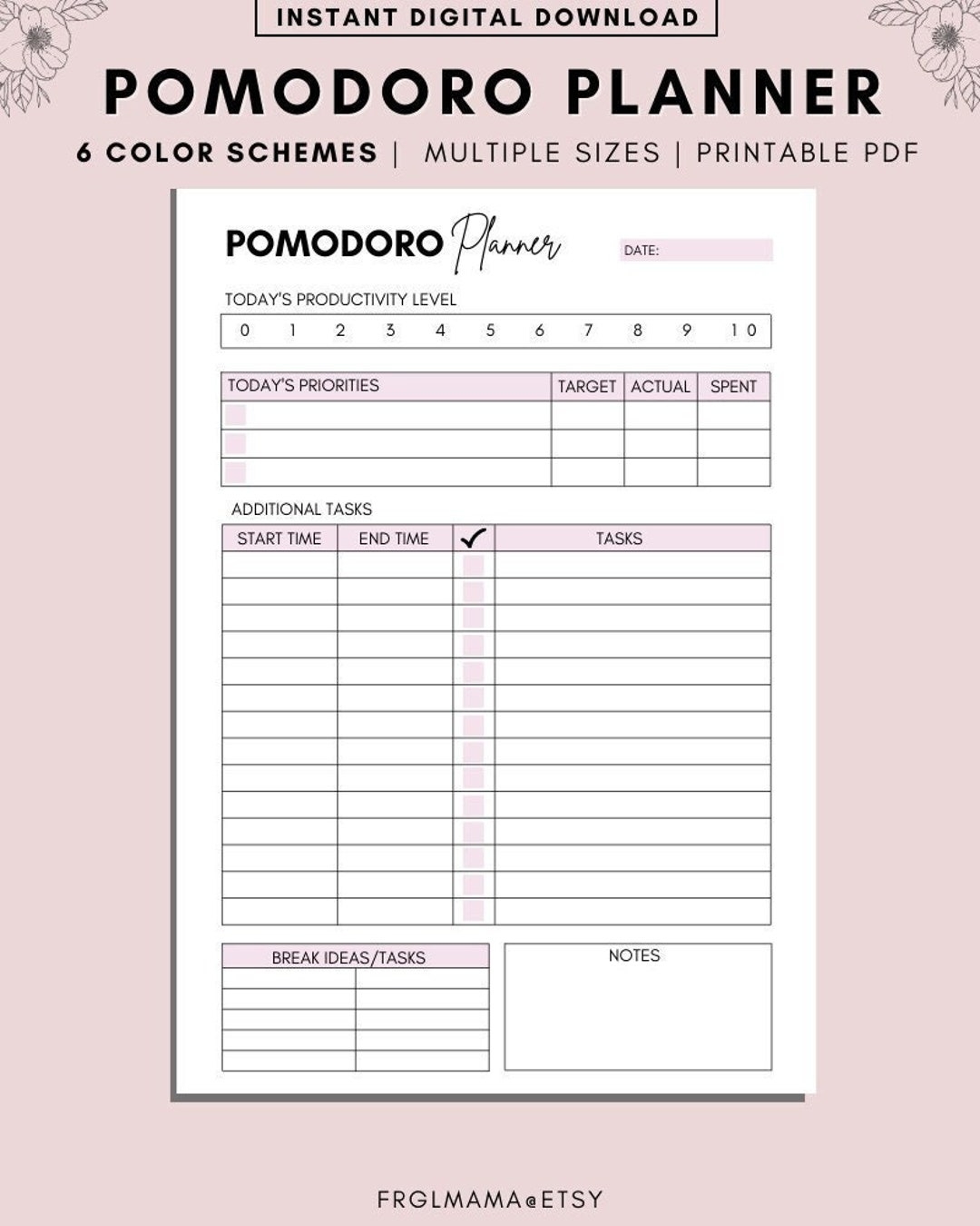 PRINTABLE POMODORO Planner Pomodoro Timer Productivity Planner Pages Student Project Planner Printable To Do List Daily Pomodoro Time Etsy