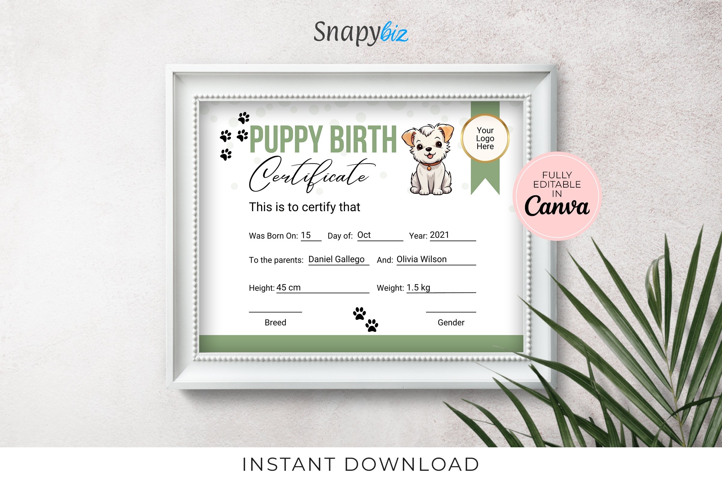 Printable Puppy Birth Certificate Puppy Birth Canva PDF