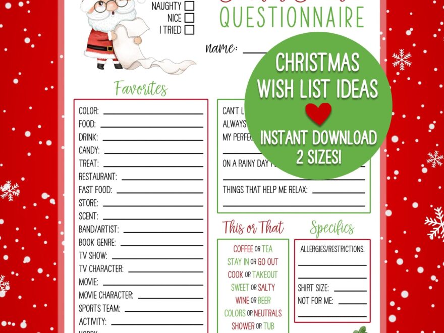 PRINTABLE Secret Santa Christmas Wish List Holiday Gift Exchange Questionnaire Etsy